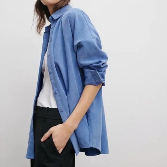 Zara Oversized Corduroy Light Blue Casual Button Up Shirt Size Medium - Picture 2 of 13